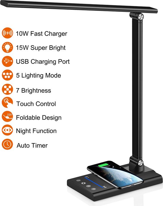 Fuegobird EK010 LED Bureaulamp - Bedrade - Draadloos Opladen Voor Telefoon - Dimbaar - Opvouwbaar - Smart Touch - 10W snel opladen - Qi Technologie - Zwart（met adapter） van fuegobird
