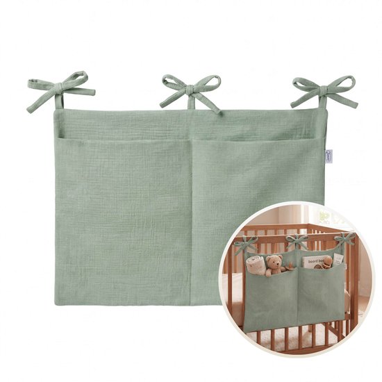 Funnies Boxzak Stone Green - 27x48 cm - Box Organizer - 100% Hydrofiele Katoen - Box Opbergzak voor Babybox - Ruime Boxzak met Vakken - Speelgoed Opberger voor Babykamer