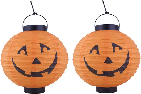 Funny fashion Halloween decoratie - 2x - pompoen - 20 cm - versiering - met LED licht - bollampioen