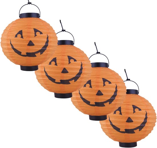 Funny fashion Halloween decoratie - 4x - pompoen - 20 cm - versiering - met LED licht - bollampioen