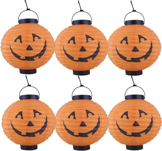 Funny fashion Halloween decoratie - 6x - pompoen - 20 cm - versiering - met LED licht - bollampioen