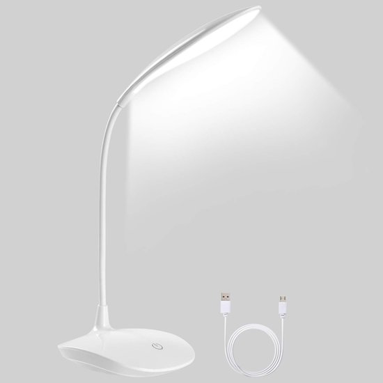 GELLDG Bureaulamp - Draadloze LED-bureaulamp - Geschikt voor thuis en op kantoor - 360° flexibele, verstelbare arm - Touchbediening - 3 helderheidsniveaus - Oplaadbaar - Dimbaar - Wit