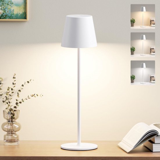 GELLDG Draadloze LED-bureaulamp - Met oplaadbare batterij - Touchbediening - 3 kleurtemperaturen - Traploos dimmen - USB-C oplaadbare touchlamp - Geschikt voor buiten, nachtkastjes, eettafels, kamperen - Wit