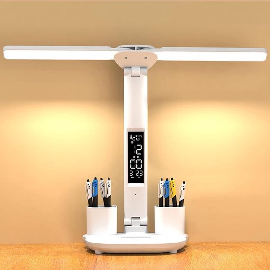 GELLDG Kinder LED-bureaulamp - 7W - Dimbaar, oplaadbaar, draadloos - Bureaulamp geschikt voor kinderen - Met klok/pennenhouder/lcd-display/kalender/temperatuurweergave - 3 lichtkleuren - 3200mAh batterij - Wit