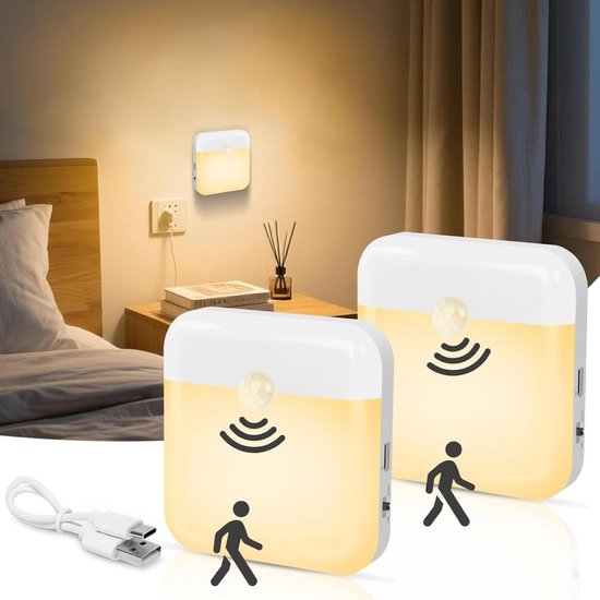 GELLDG Nachtlampjes met bewegingssensor - 2-pack - Oplaadbare Type-C LED-nachtlampjes - Warm wit licht - Automatische schakelaar - Magnetisch - Bewegingsmelder licht - Geschikt voor kinderkamers, gangen en keukens van GelldG