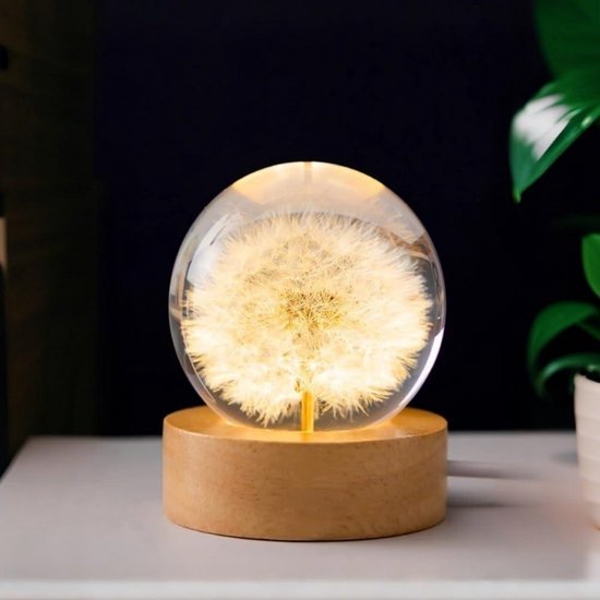 GELLDG Paardenbloem Kristallen Bol Nachtlampje – 6 cm Bol Lamp – Met Houten Voet – LED-nachtlampje geschikt voor slaap- en woonkamerdecoratie – Paardenbloemontwerp van GelldG
