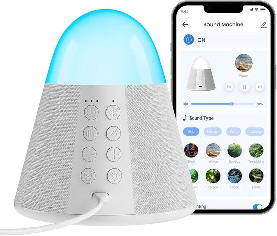Geluidsmachine met 54 Rustgevende Geluiden, Witte Ruis en App-Bediening van Nordell.