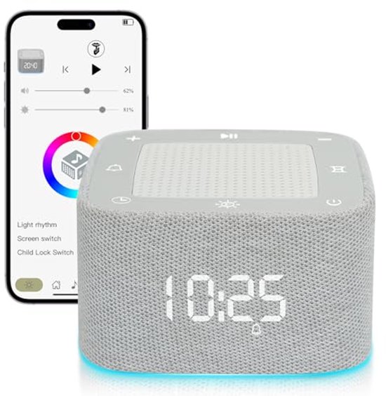 Geluidsmachine met wekker en Bluetooth - 32 rustgevende geluiden, RGB-licht en app-bediening voor optimale slaapervaring van Kiedo