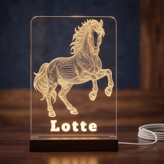 Gepersonaliseerd 3D Paardenlampje met Naam – Luxe Nachtlampje voor Kinderkamer – Lamp – Cadeau voor Meisjes & Paardenfans – Model Lotte van Merkloos