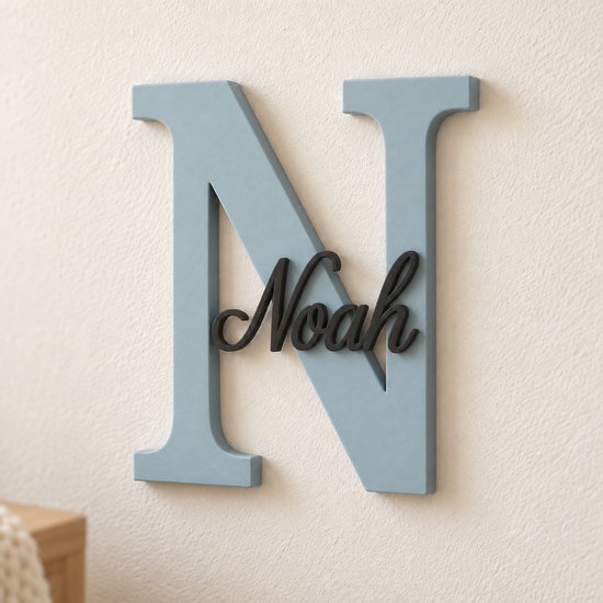 Gepersonaliseerd naambordje kinderkamer met naam en initiaal – Babyblauw/Zwart – Keuze uit lettertypen