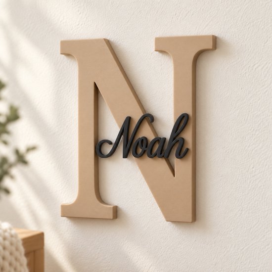 Gepersonaliseerd naambordje kinderkamer met naam en initiaal – Beige/Zwart – Keuze uit lettertypen