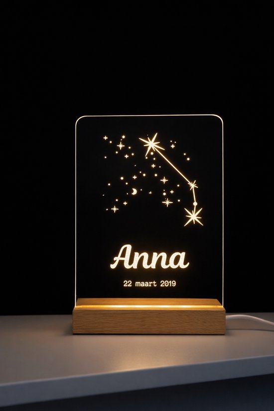 Gepersonaliseerd sterrenbeeld lampje Kreeft – Met Naam & Datum – Uniek Nachtlampje Babykamer - kraamcadeau - 11x15cm - ledlamp van Merkloos
