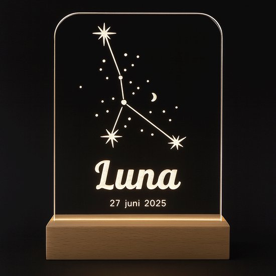 Gepersonaliseerd sterrenbeeld lampje Kreeft – Met Naam & Datum – Uniek Nachtlampje Babykamer - kraamcadeau - 11x15cm van Smartprints