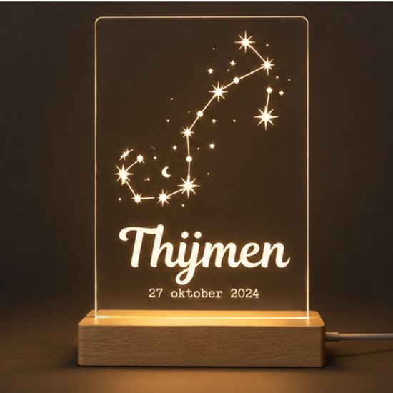 Gepersonaliseerd Sterrenbeeld Schorpioen Lampje met Naam en Datum - LED Nachtlampje Babykamer - Kraamcadeau Baby - geboortecadeau
