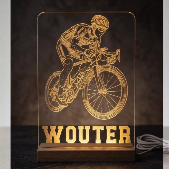 Gepersonaliseerd Wielrennen Nachtlampje - Tour de France Stijl - Racefiets Cadeau lamp met Naam - LED 3D Effect - Warm Wit
