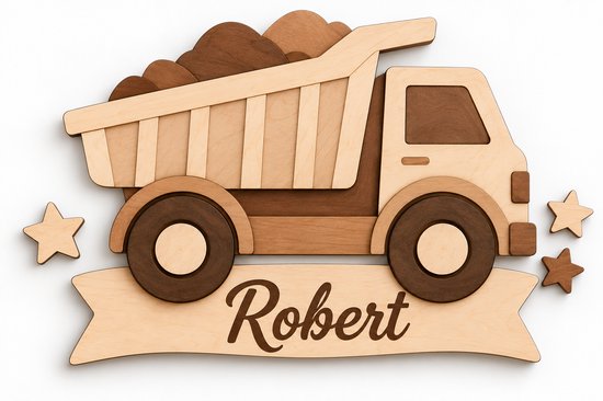 Gepersonaliseerde Houten Kiepwagen met Naam – Kinderkamer Decoratie – 40 × 30 cm – 5 mm Hout – Uniek Naambord – Cadeau voor Baby & Kind