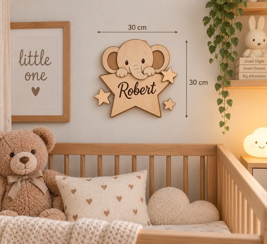 Gepersonaliseerde Houten Olifant met Naam 30 x 30 cm - Houten Ster met Gegraveerde Naam - Babykamer Decoratie - Kinderkamer Muurdecoratie - Persoonlijk Kraamcadeau - Geboortecadeau - Naamdecoratie