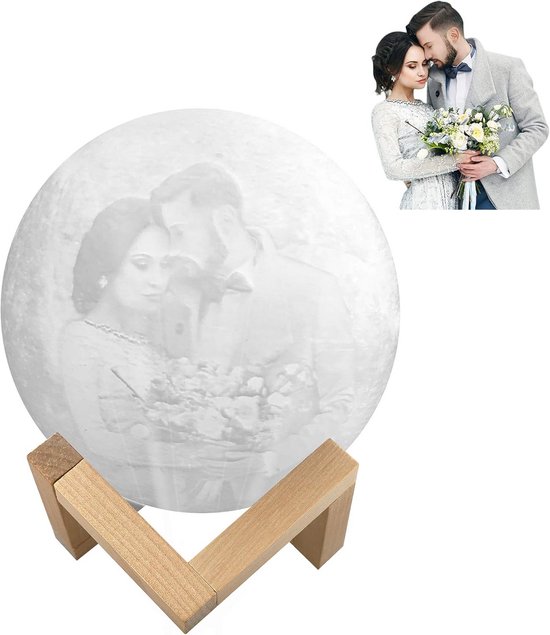 Gepersonaliseerde Maanlamp 3D Geprint met Foto, USB Oplaadbaar Nachtlampje met Houten Standaard en Touch Control van Merkloos
