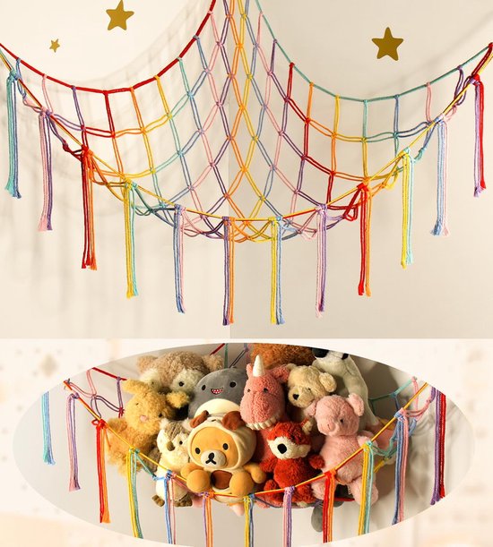 Geweven speelgoedopbergnet - Pluche speelgoedhoekopbergnet - Hoekdriehoek speelgoednet - Perfect voor babykamers en kinderkamers - Regenboogkleuren