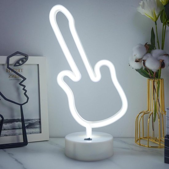 Gitaar Neon Lamp - LED Lichtbord - Decoratie Kamer - Afneembare Voet - Batterij/USB - Wit