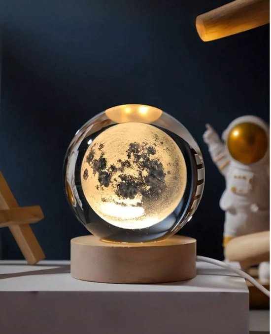 Glazen Kristallen Bol - Maan - Warm Licht - 3D LED Lamp - Bureaulamp - Nachtlampje - Creative Lamp - Astronomie & Astrologie van Merkloos
