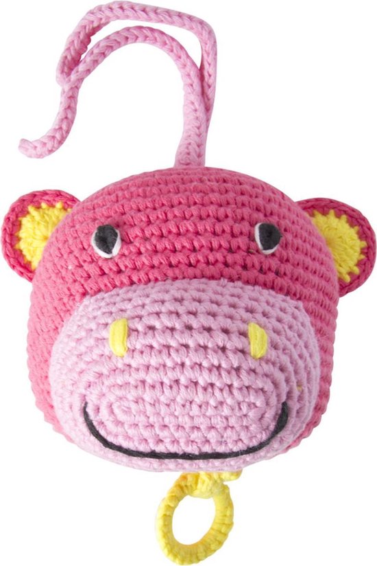 Global Affairs muziekdoosje gehaakte gebreide roze nijlpaard van biologisch katoen kraamcadeau meisje baby van Global Affairs