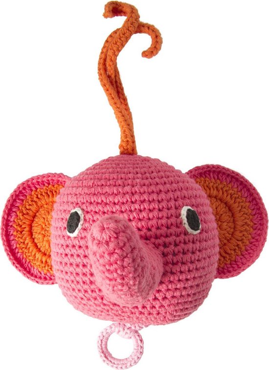 Global Affairs muziekdoosje gehaakte gebreide roze olifant van biologisch katoen kraamcadeau meisje baby van Global Affairs