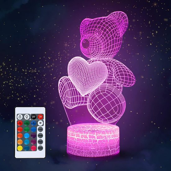 Gohytal 3D-lamp Teddy Bear Nightlight, cadeaus voor meisjes, kinderkamer, 16 veranderende kleuren met afstandsbediening en Smart Touch, verjaardagscadeau op Moederdag voor mama van Merkloos