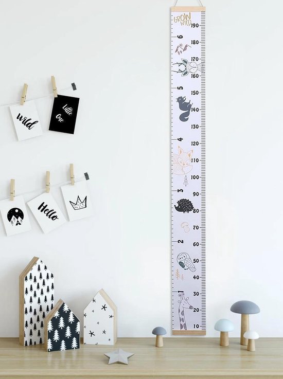 Groeimeter Babykamer & Kinderkamer - Canvas Meetlat met Dierenprint - Houten Ophanging - 200x20 cm - Neutrale Wanddecoratie voor Kinderen