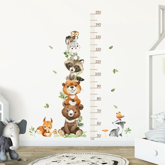 Groeimeter - Groeimeter voor kinderen 50-150 cm - Muurdecoratie - Decoratie kinderkamer - Zelfklevende muurstickers voor decoratie - Schattige tekenfilmdieren