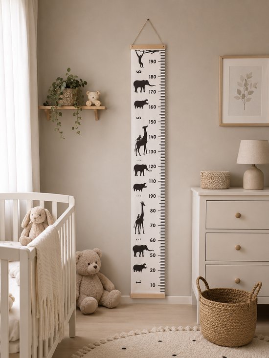 Groeimeter Kinderkamer Savanne - Canvas Meetlat Jungle Dieren - Lengtemeter Baby & Kind - Wanddecoratie 200x20 cm