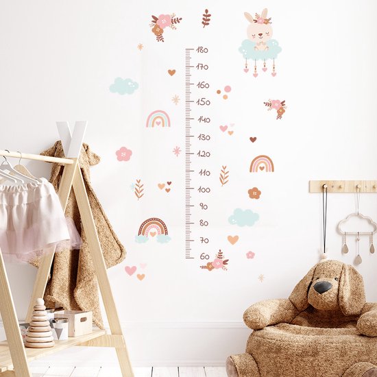 Groeimeter - Rh!no - Muursticker - Deursticker - Decoratie kinderkamer - Kraamcadeau - Verjaardagscadeau - Babykamer - Babyshower - Kindermeetlat Regenboog Roze - Babykamer - Jongens & Meisjes - Dieren sticker - Behangstickers