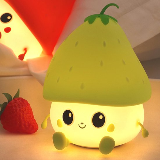 Groen aardbeiennachtlampje, schattig fruitnachtlampje voor de kinderkamer, USB-oplaadbaar lampje, 2 helderheidsniveaus, nachtlampje met vertraagde verlichting voor het nachtkastje van de babykamer, geschikt voor babyjongens en -meisjes, verjaardagen van groen