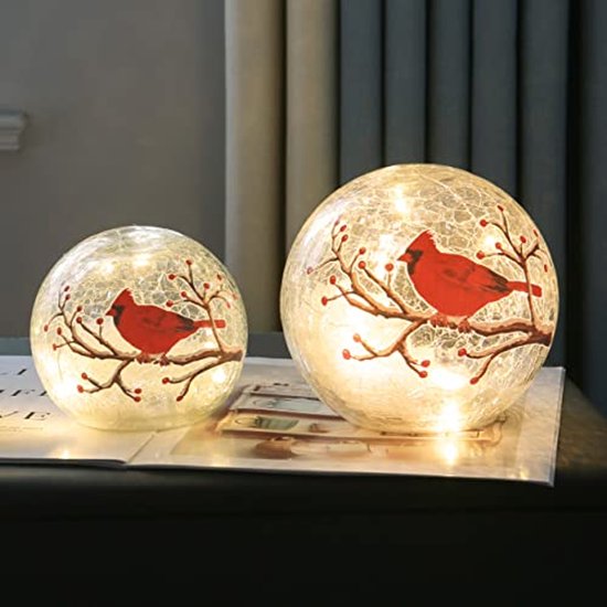 Grote Crackle Glass Ball Lamp met Kardinaal Thema - Verlichte Rode Vogel Globe Tafellamp - Decoratieve LED Nachtlamp van Merkloos