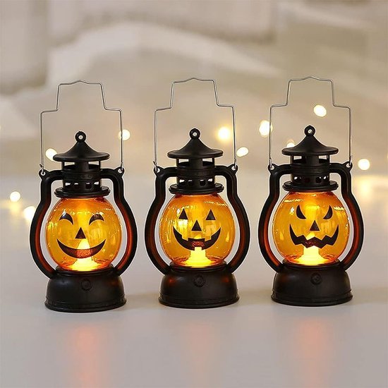 Halloween pompoen lantaarn - 3-pack LED verlichting - Met grappige en griezelige expressie - Op batterijen - Kinder lampion voor binnen en buiten decoratie