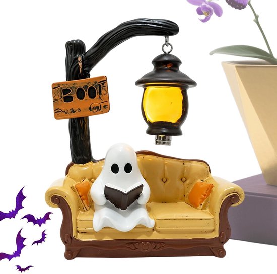 Halloween Spook Leeslamp - Grappig Spookbeeld - Tafel- en Boekenplankdecoratie - Boekensteun en Lamp ineen - Creatief Woonaccessoire - Feestelijke Herfstdecoratie - Wit+Bruingeel - 3D-hars Spookfiguur - Nachtlampjes