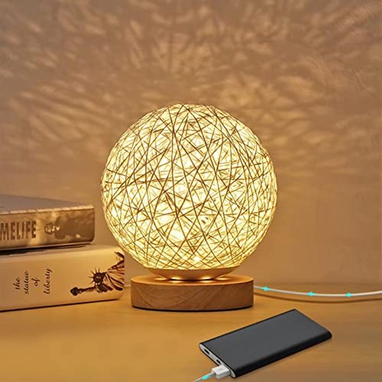 Handgeweven Nachtlampje met Houten Basis - Oplaadbaar en USB Verbonden Ledlamp voor Slaapkamer en Woonkamer van Merkloos
