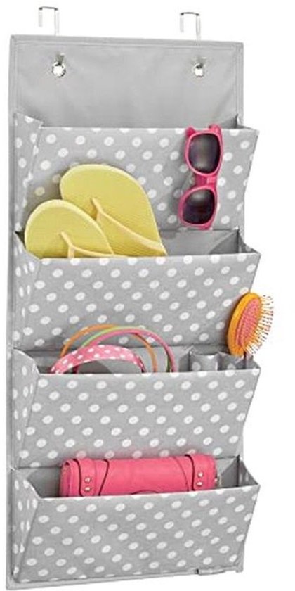 Hanging storage organizer with four large pockets for baby shoes, clothes, and toys - ideal for children's rooms, baby rooms, and playrooms