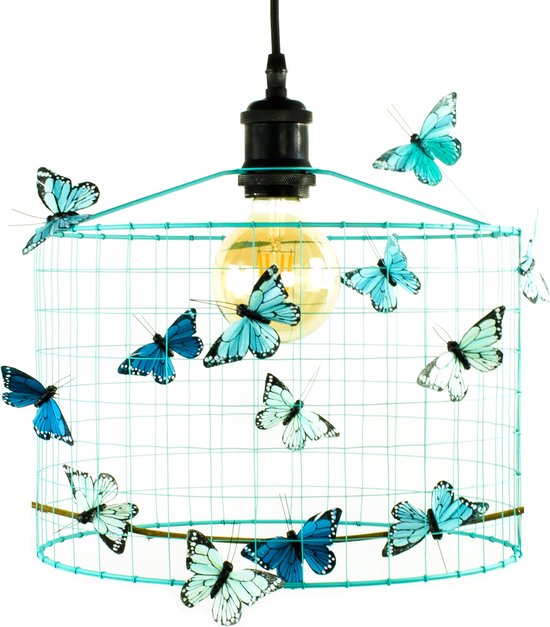 Hanglamp Kinderkamer met Vlinders-Blauw-Aqua-Kinder hanglampen-Hanglamp kinderkamer blauw-lamp met vlinders-vlinderlamp-lamp babykamer-lamp kinderkamer-lamp jongenskamer-Ø30cm. van Merkloos