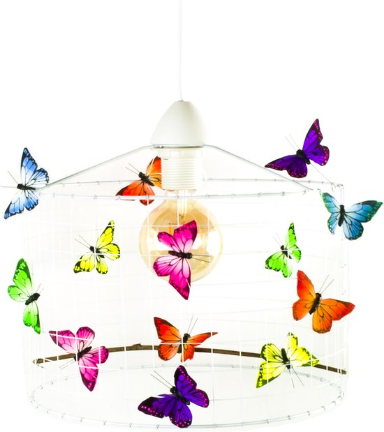Hanglamp Kinderkamer met Vlinders-Wit-Neon-Kinder hanglampen-Hanglamp kinderkamer groen geel oranje roze blauw-lamp met vlinders-vlinderlamp-lamp babykamer-lamp kinderkamer-lamp meisjeskamer-Ø30cm. van Merkloos