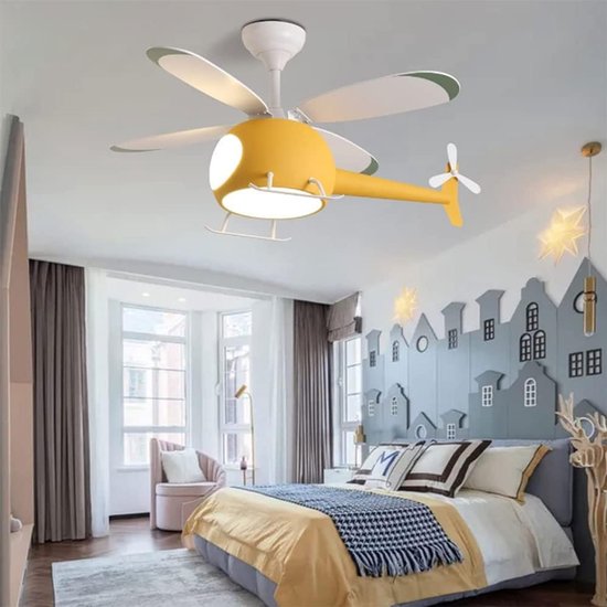 Helikopter Plafondlamp - Ventilator Lamp - Kinderkamer Verlichting - Drie Kleuren LED - 15-20m² Ruimte - Geel