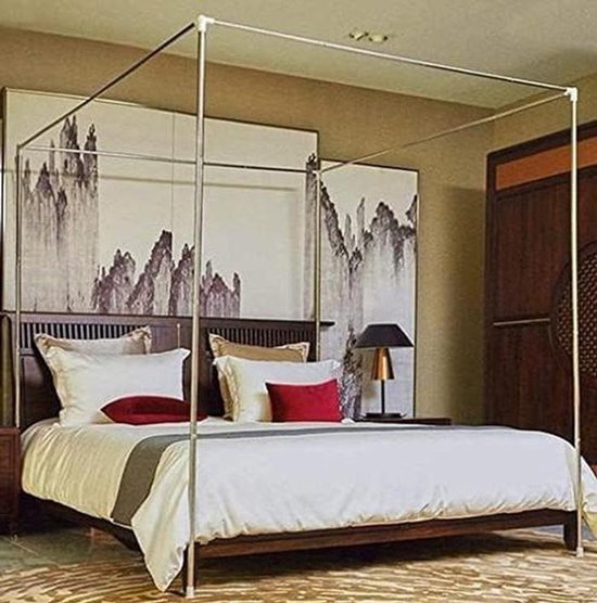 Hemelbed Frame - Bed Frame Draperie - Muggen Buiten Houden - Verstelbare Hoogte - 100x200 cm - Zilver
