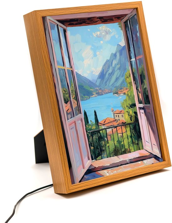 Henri Matisse-stijl schilderij van Lake Como – 31×23 cm – Verlicht kunstwerk – LED licht portret nachtlampje – Dimbaar – Sfeerverlichting – Kinder Woon en Slaapkamer Wall Art Decor van Merkloos