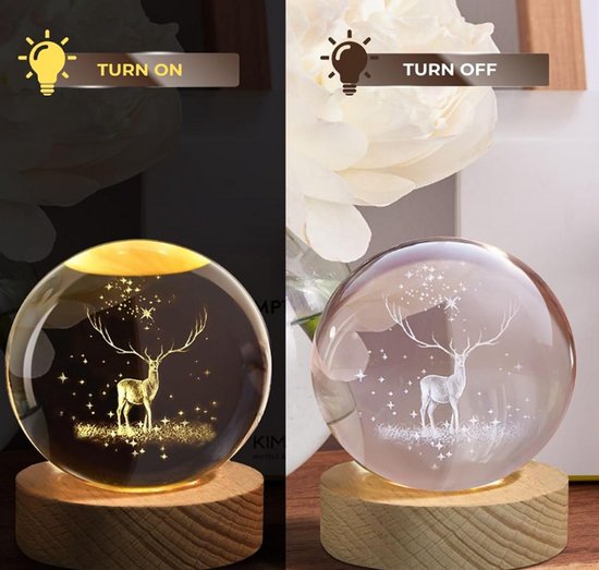 Hertenvormig 3D gegraveerd kristallen bol nachtlampje, USB LED nachtlampje met houten voet, creatieve 8 cm kristallen bol tafellamp voor slaapkamer, huis, kantoordecoratie en cadeaus van Merkloos