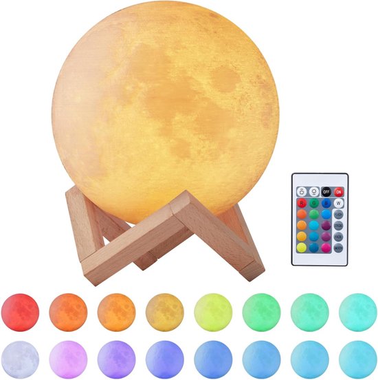 HEZIVO® Maanlamp - 3D Nachtlamp - Maan Lampje - Taffellamp LED - USB Oplaadbaar - 16 Kleuren van hezivo