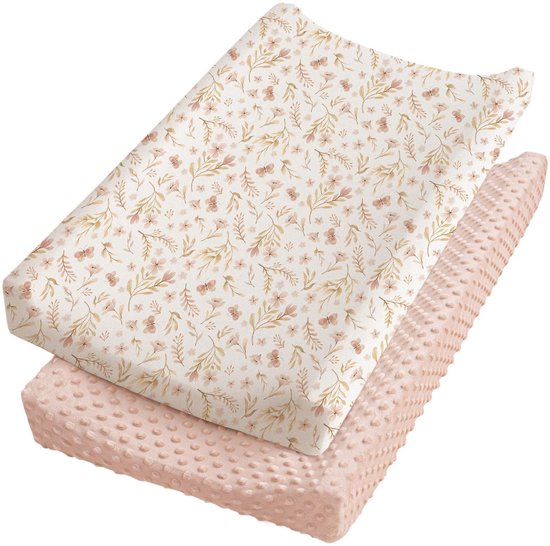 Hoeslaken voor kinderbedje - 2 Stuks - Kinderwagen matras - Hoeslaken voor aankleedkussen - Aankleedkussenhoes - Kraamcadeau babyshower - Bamboepulpvezel - 82X41CM - Bloem - Roze
