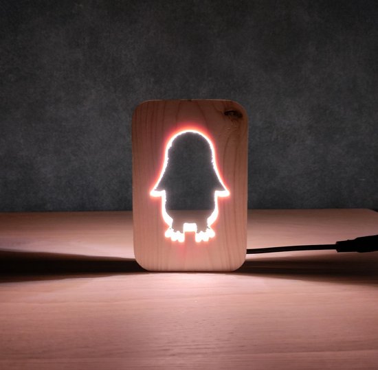 Home Decor - Houten Pinguïn Nachtlamp - LED van Gegarandeerd.