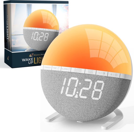 Homebay Products Wake Up Lamp - Natuurlijke Zonsopkomst Simulatie Timer 10-60 Min Instelbaar - Wekker - 7 Verschillende Wekgeluiden - 10 Alarm Volume Instellingen - Snooze Functie - Dimbaar Display - Sfeerlamp - Makkelijk te Bedienen- 100% Garantie van Merkloos