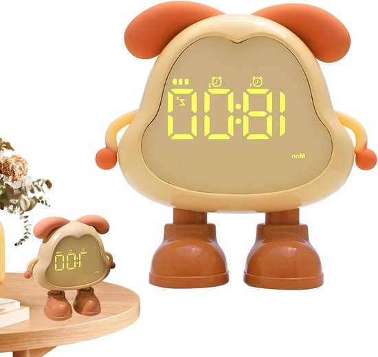 Hondenvorm Wekker - Slaaptrainer Klok - Kinderen Leren Klokkijken - Interactieve Oor Knoppen - 12.5 cm - Geel