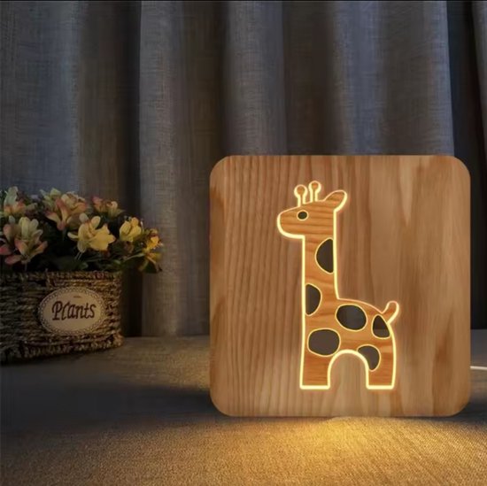 Houten 3D LED Nachtlampje - Kinderkamer - Babykamer - Dieren - Giraffe van Merkloos